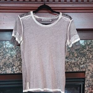 Prada Gray Short Sleeve Tee with Sheer Lace Insets